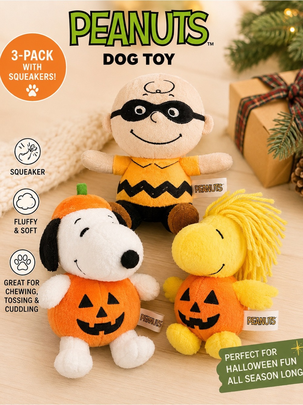 Peanuts Plush Trio in Orange, Yellow, White & Black